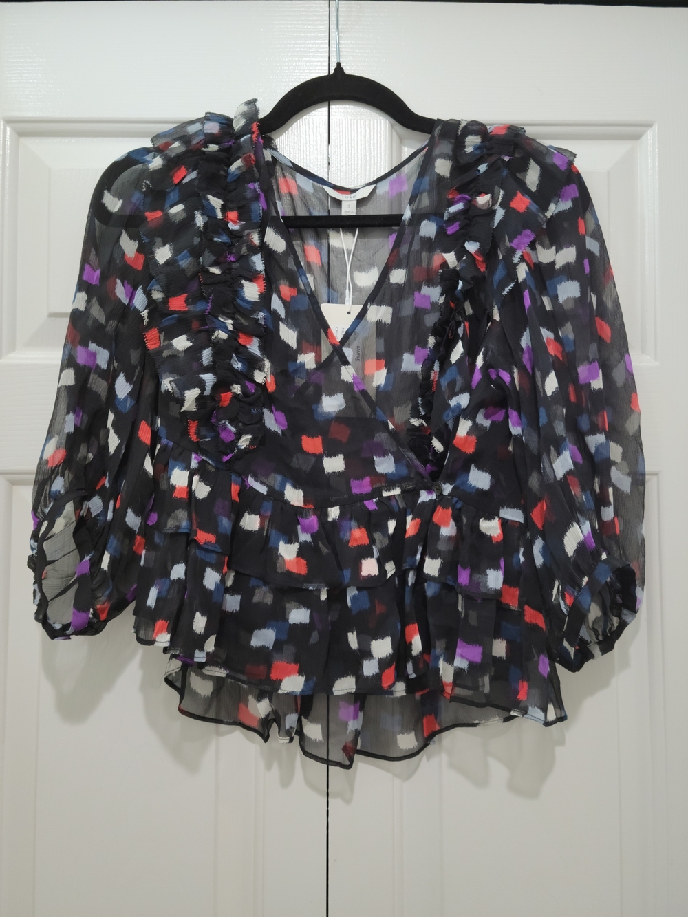 Joie Black Silk Abstract Squares Wrap Blouse - Picture 5 of 12